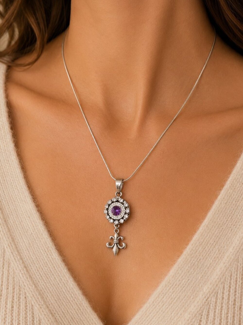 Fleur-de-Lis Interchangeable Snap Necklace Purple Green Rhinestone 925